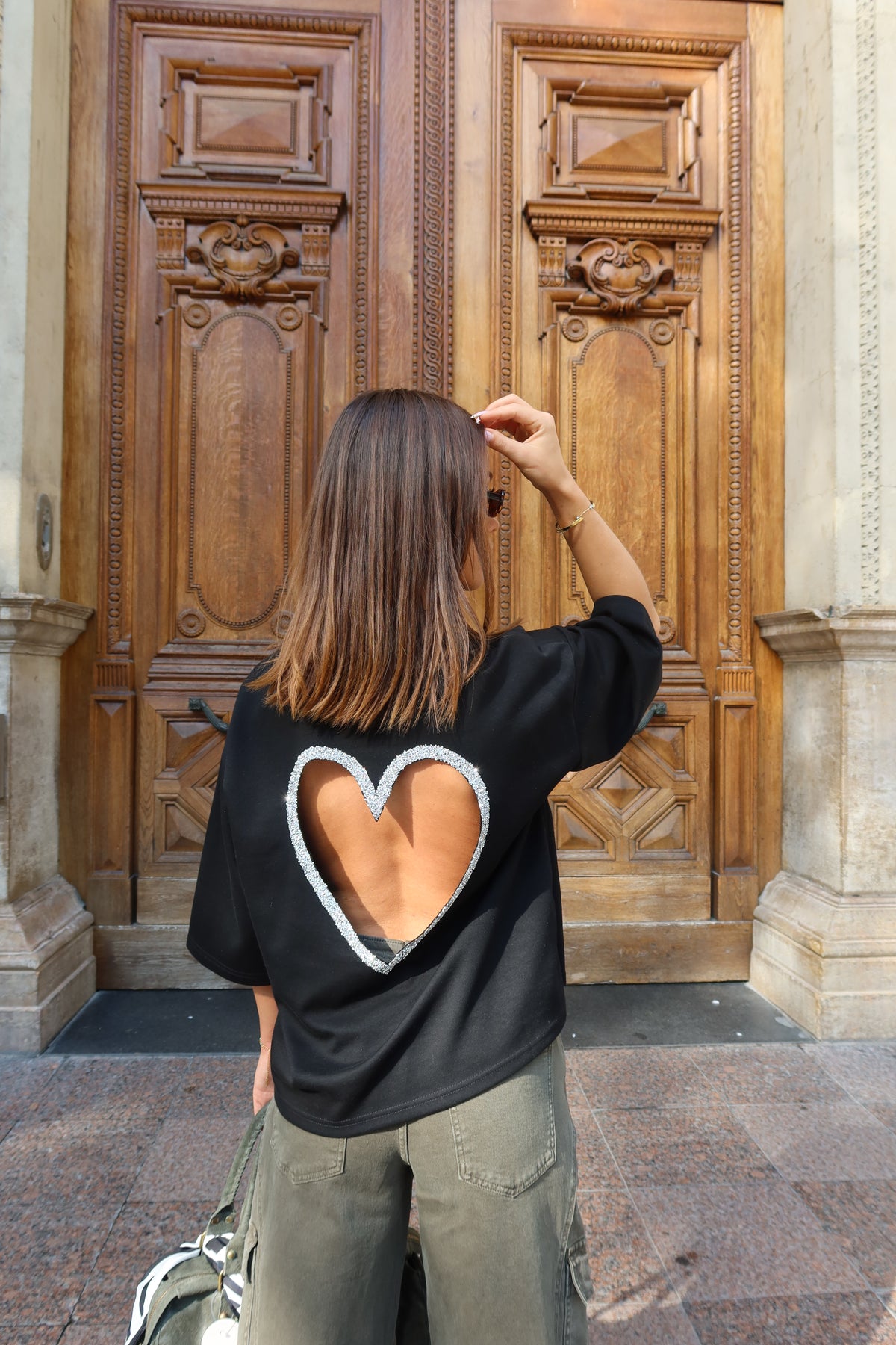 T-shirt oversize dos nu cœur strass femme