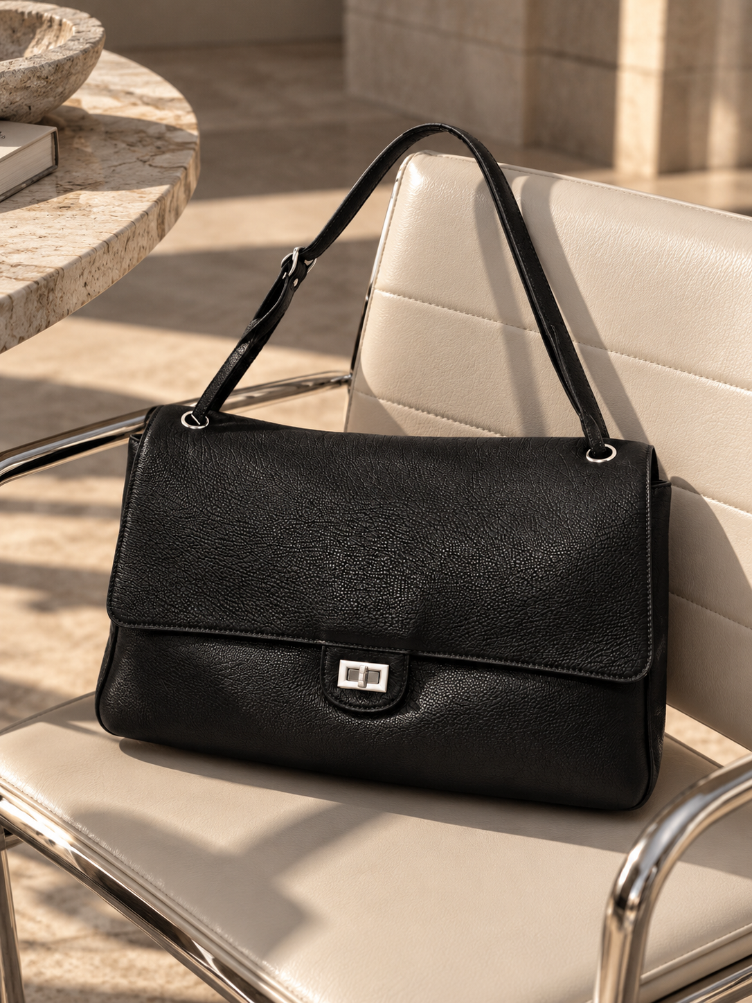 Sac épaule en cuir véritable grainé – Noir ou Marron