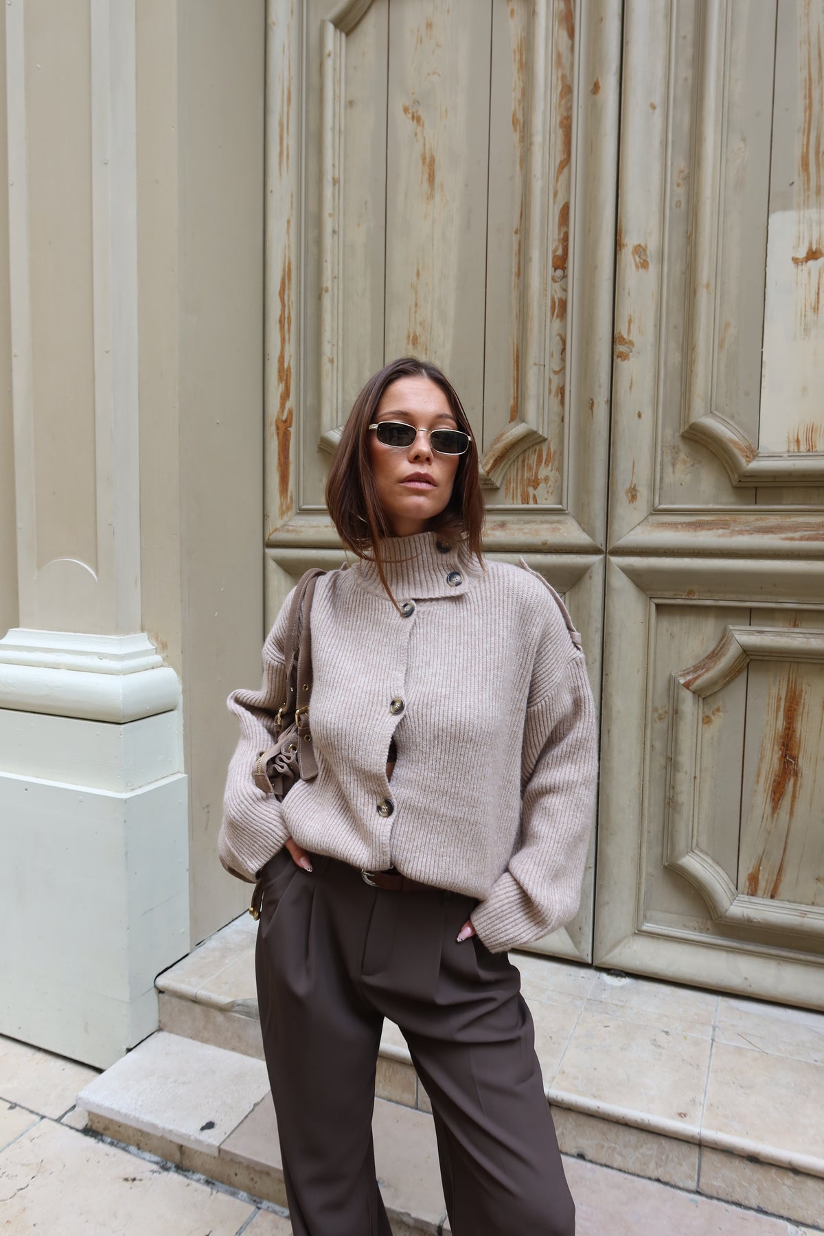 Gilet Joséphine oversize en maille côtelée à col montant femme
