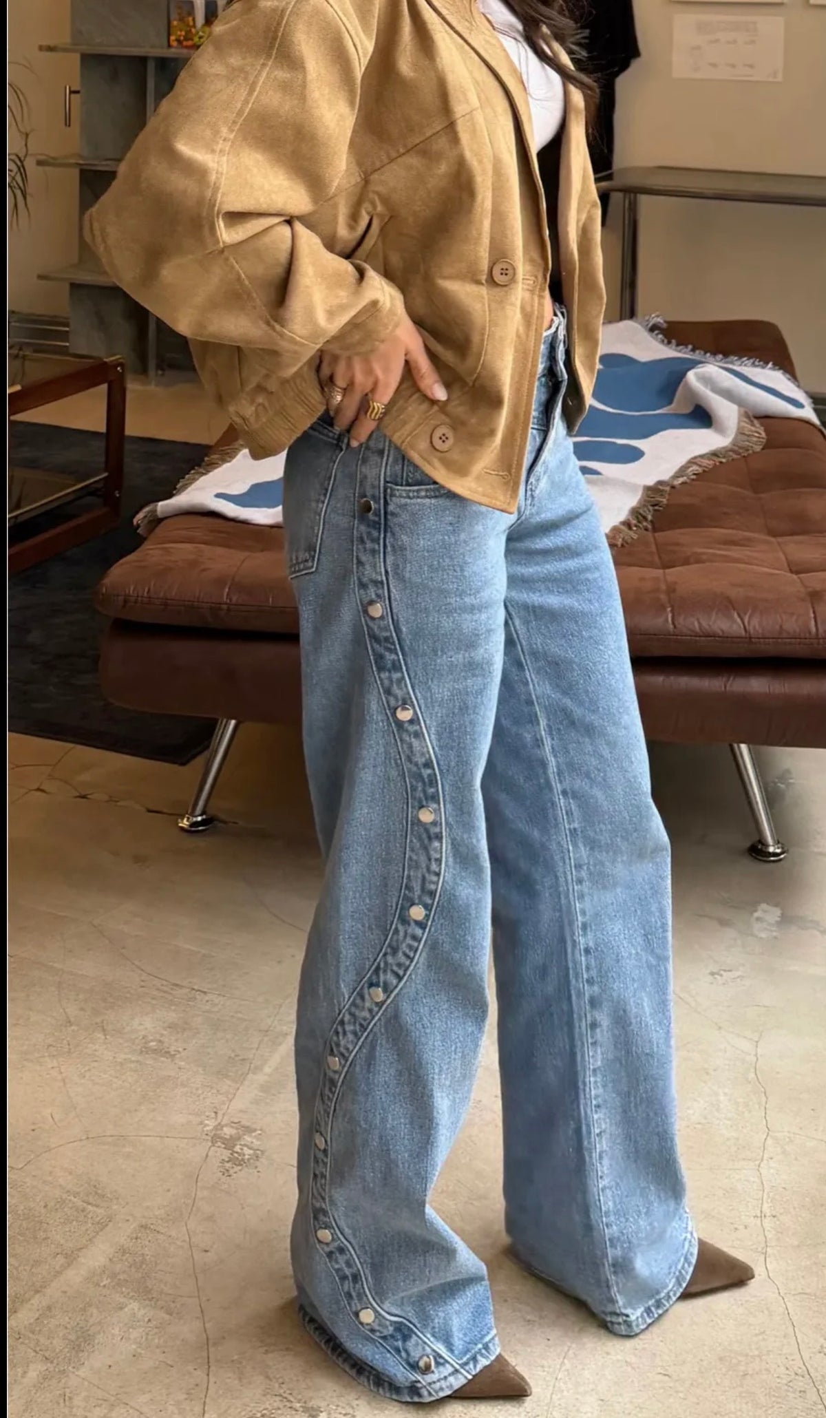 Jean Maëlys wide leg à boutons pression – Bleu clair